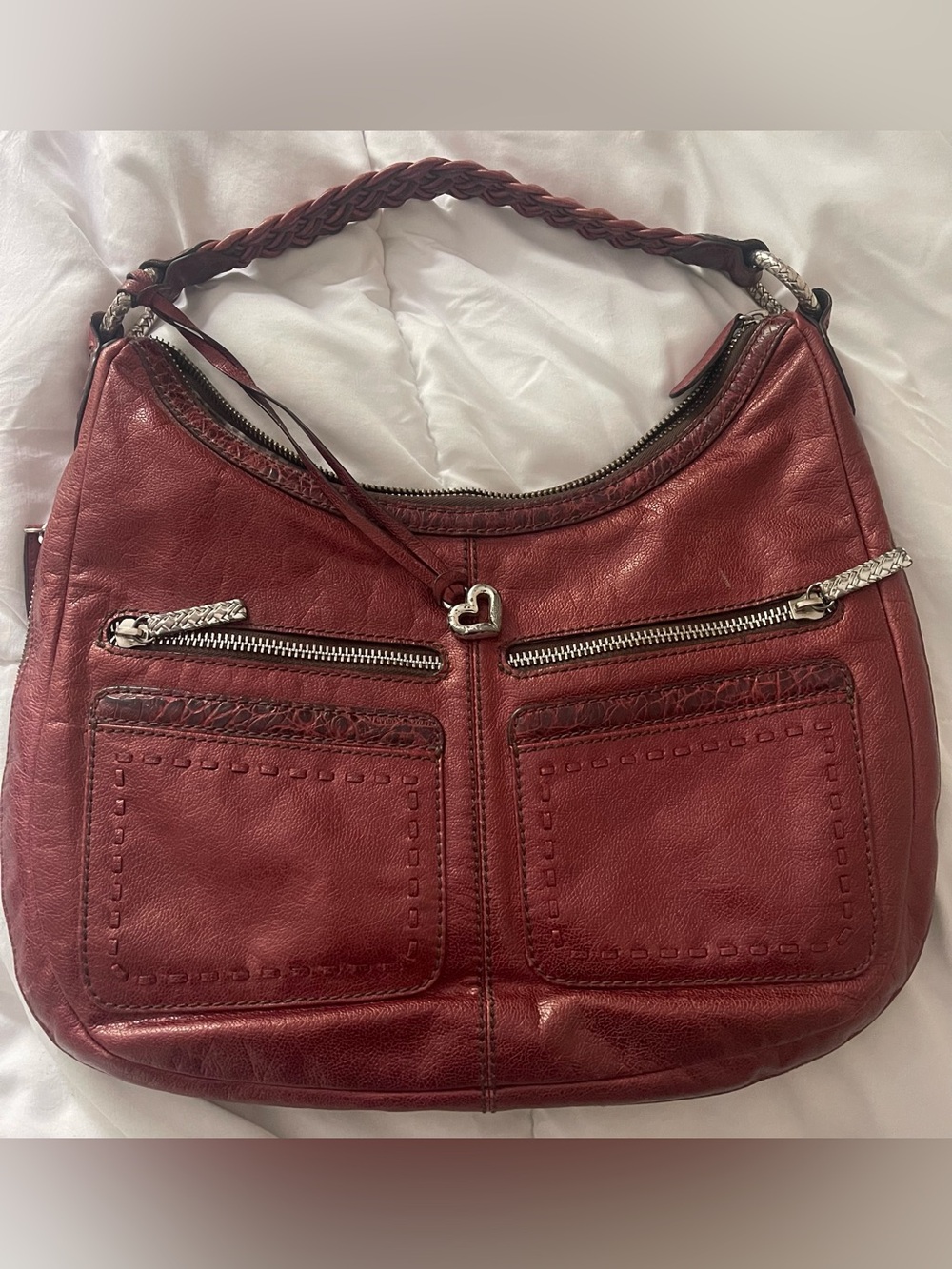 Vintage Brighton Burgundy Leather Expandable Hobo Tote Braided Strap Pockets